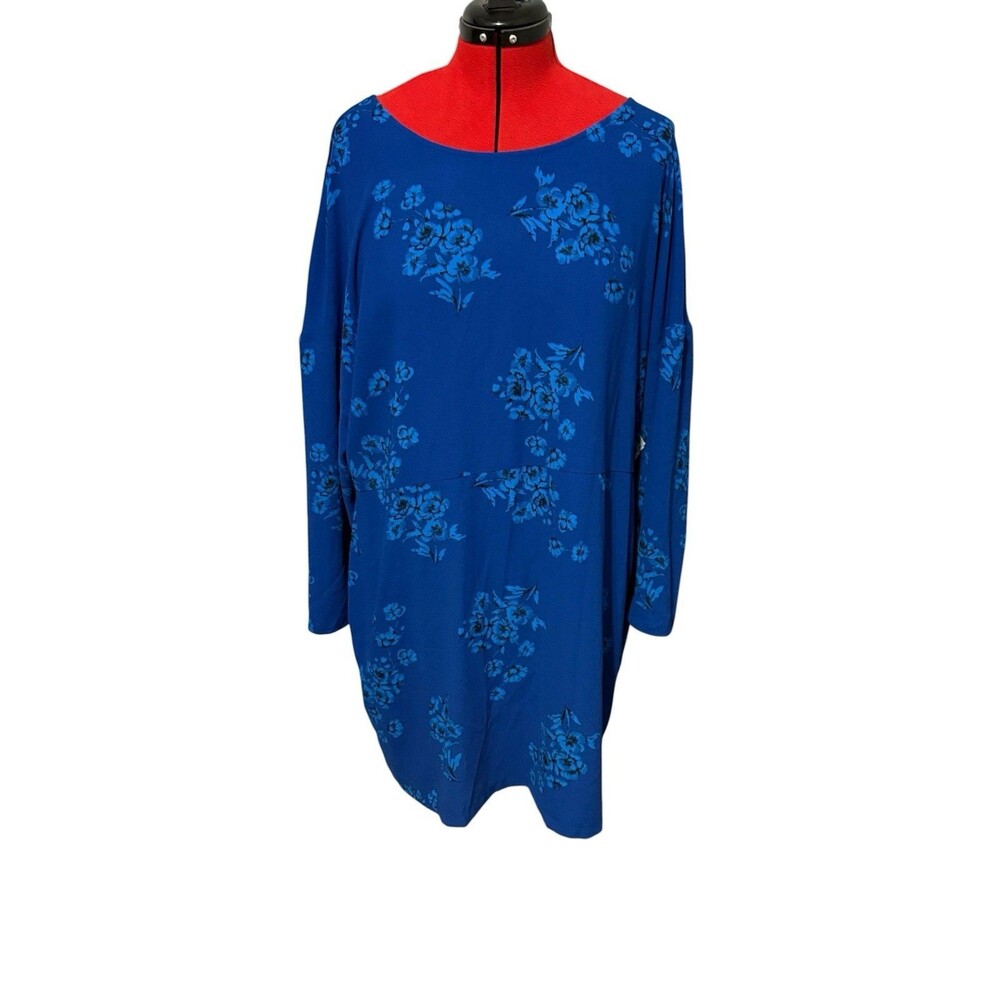 Leith 3X Blue Floral Shift Dress Plus Size Long Sleeve Back Zip NWT